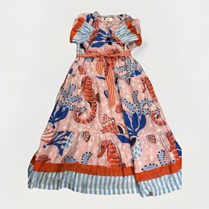 Printfresh Boho Maxi Dress Size Small Pink Sea Print Belted Tassel Peasant Style